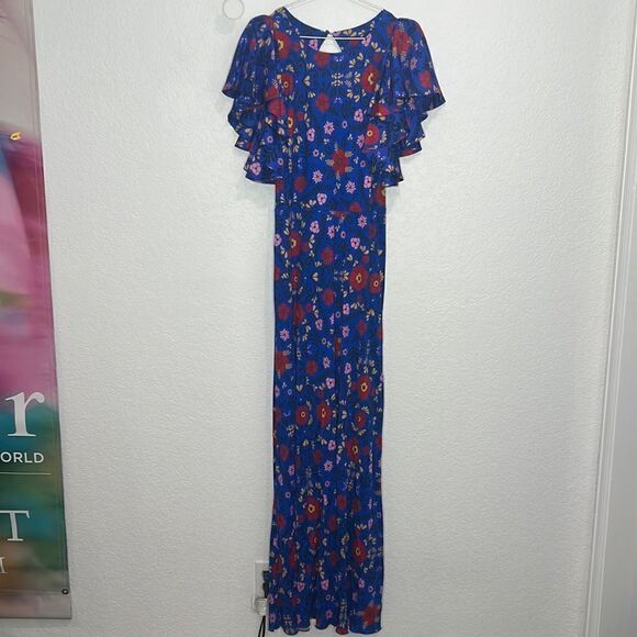 NWT LA Double J Damigella Dress Heckfield in Fluid Jersey Royal Blue Floral XL - Picture 2 of 15